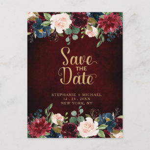 Burgundy Red Navy Floral Rustic Boho Save the Date Ankündigungspostkarte