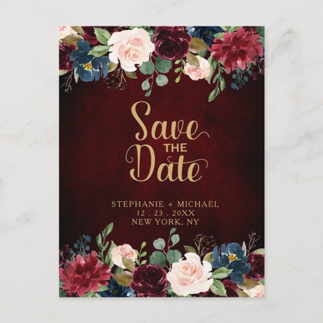 Burgundy Red Navy Floral Rustic Boho Save the Date Ankündigungspostkarte (Vorderseite)