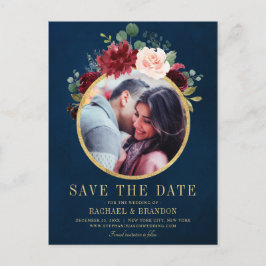 Burgundy Red Navy Floral Rustic Boho Save the Date Ankündigungspostkarte