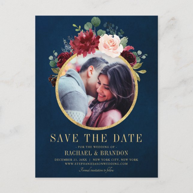 Burgundy Red Navy Floral Rustic Boho Save the Date Ankündigungspostkarte (Vorderseite)