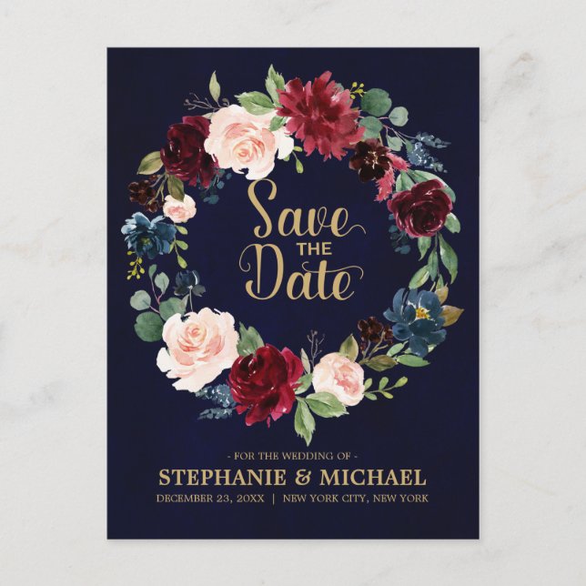 Burgundy Red Navy Floral Rustic Boho Save the Date Ankündigungspostkarte (Vorderseite)