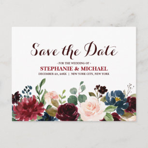 Burgundy Red Navy Floral Rustic Boho Save the Date Ankündigungspostkarte