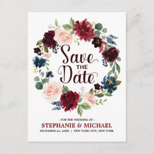 Burgundy Red Navy Floral Rustic Boho Save the Date Ankündigungspostkarte