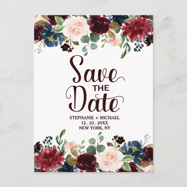 Burgundy Red Navy Floral Rustic Boho Save the Date Ankündigungspostkarte (Vorderseite)