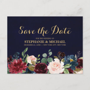 Burgundy Red Navy Floral Rustic Boho Save the Date Ankündigungspostkarte