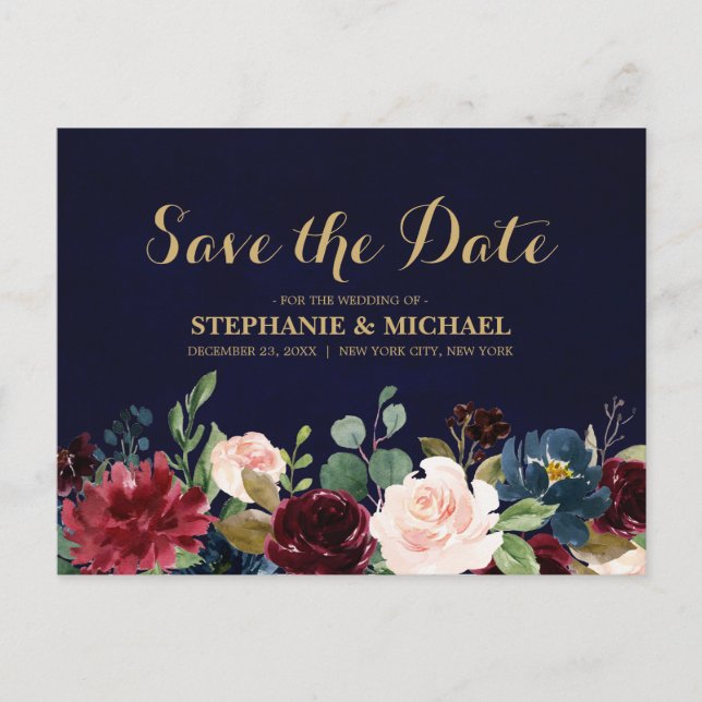 Burgundy Red Navy Floral Rustic Boho Save the Date Ankündigungspostkarte (Vorderseite)