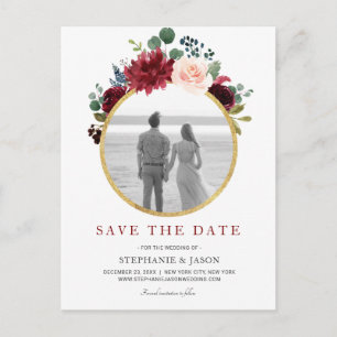 Burgundy Red Navy Floral Rustic Boho Save the Date Ankündigungspostkarte