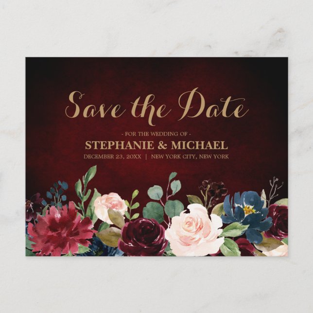 Burgundy Red Navy Floral Rustic Boho Save the Date Ankündigungspostkarte (Vorderseite)