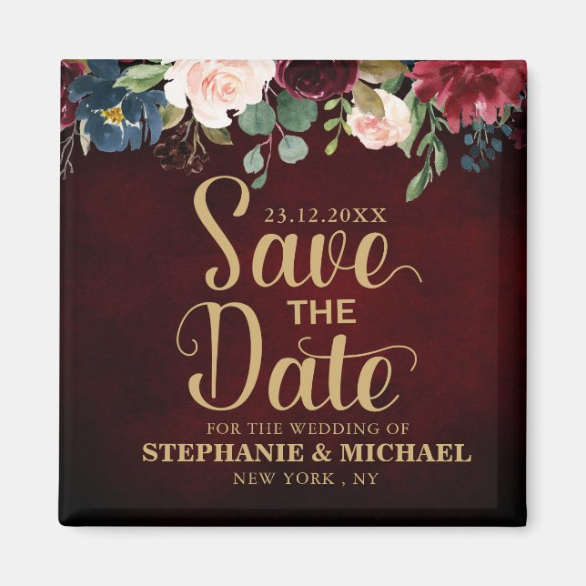 Burgundy Red Navy Floral Rustic Boho Sve Datum Magnet (Vorne)