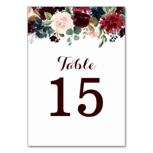 Burgundy Red Navy Floral Rustic Boho Tischnummer