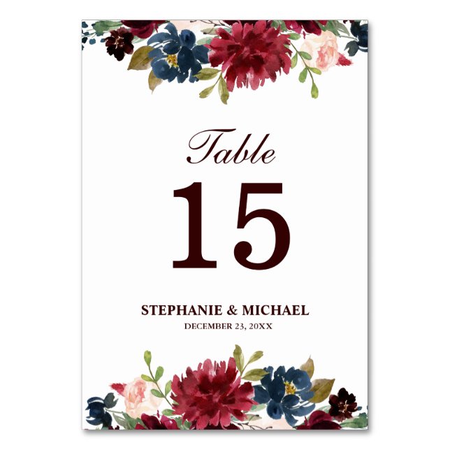 Burgundy Red Navy Floral Rustic Boho Tischnummer (Vorderseite)