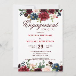 Burgundy Red Navy Floral Rustic Boho Verlobung Einladung
