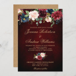 Burgundy Red Navy Floral Rustic Boho Wedding Einladung