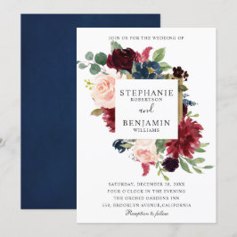 Burgundy Red Navy Floral Rustic Boho Wedding Einladung