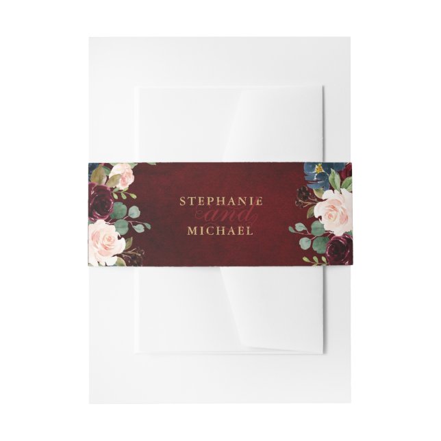 Burgundy Red Navy Floral Rustic Boho Wedding Einladungsbanderole (Vorderseite Beispiel)