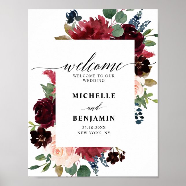 Burgundy Red Navy Floral Rustic Boho Wedding Poster (Vorne)