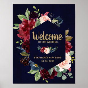 Burgundy Red Navy Floral Rustic Boho Wedding Sign Poster