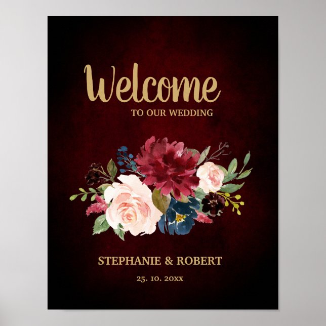 Burgundy Red Navy Floral Rustic Boho Wedding Sign Poster (Vorne)