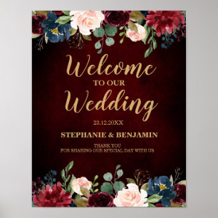 Burgundy Red Navy Floral Rustic Boho Wedding Sign Poster