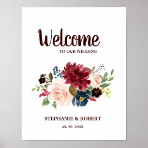 Burgundy Red Navy Floral Rustic Boho Wedding Sign Poster