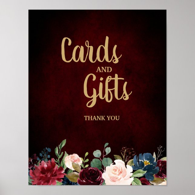 Burgundy Red Navy Floral Rustic Boho Wedding Sign Poster (Vorne)