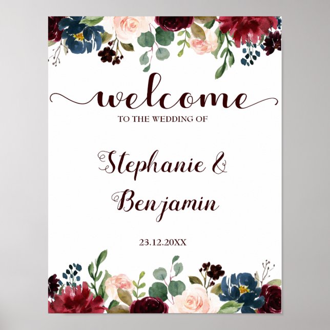 Burgundy Red Navy Floral Rustic Boho Wedding Sign Poster (Vorne)