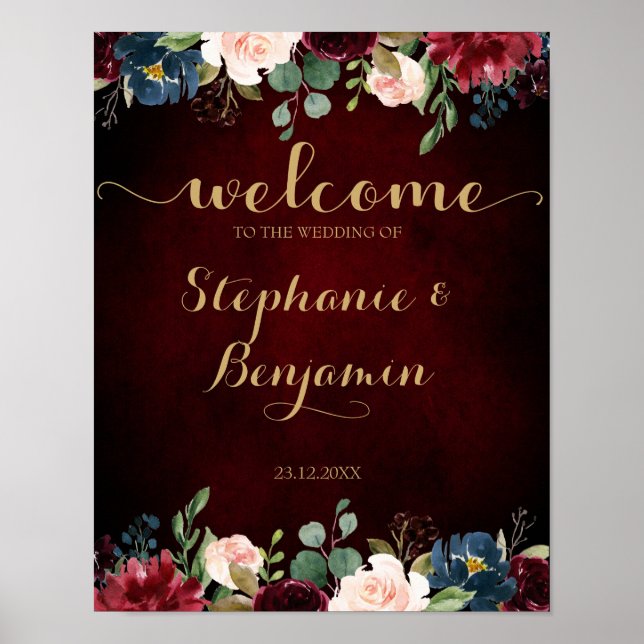 Burgundy Red Navy Floral Rustic Boho Wedding Sign Poster (Vorne)