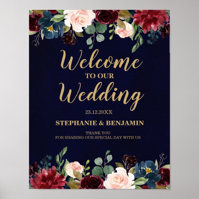 Burgundy Red Navy Floral Rustic Boho Wedding Sign Poster (Vorne)