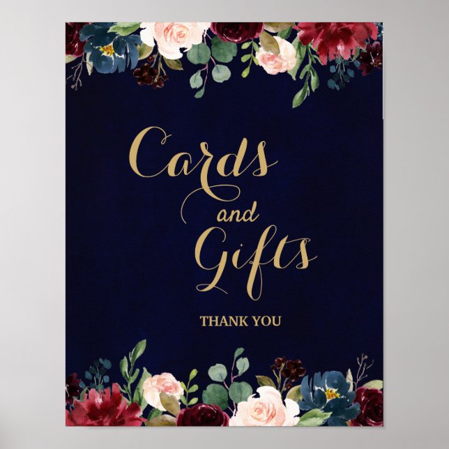 Burgundy Red Navy Floral Rustic Boho Wedding Sign Poster (Vorne)