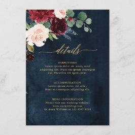 Burgundy Red Navy Floral Rustic Wedding Details En Begleitkarte