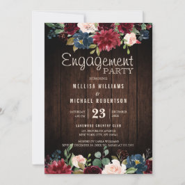 Burgundy Red Navy Floral Wooden Engagement Party Einladung