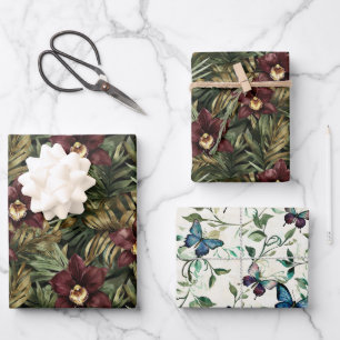 Burgundy Red Orchid Floral Butterfly Brautparty Geschenkpapier Set