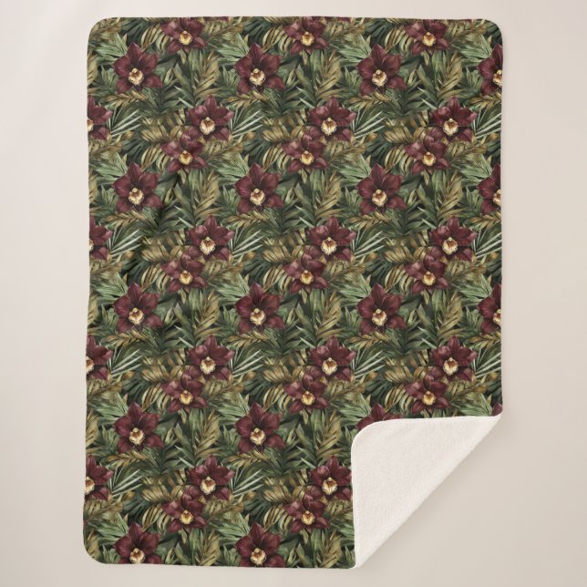 Burgundy Red Orchid Floral Tropical Sherpadecke (Vorderseite)