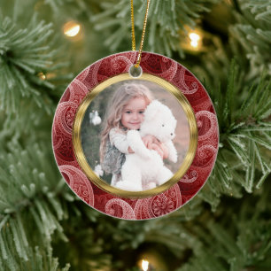 Burgundy Red Paisley Custom Photo and Text Keramik Ornament