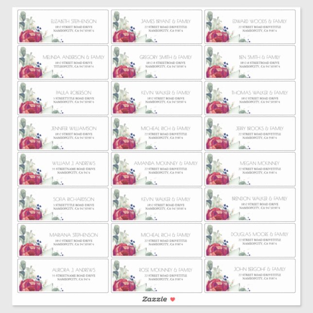 Burgundy Red Peony Navy Gästebamen Adresslisten La Aufkleber (Blatt)