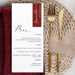 Burgundy Red Personalisiert mit Gast Name Elegant Menükarte<br><div class="desc">Warum in Platzkarten und Menükarten verbringen, wenn Sie ein elegantes All-in-One-Menü personalisiert mit jedem Gast-Namen haben können! Modernes, einfaches und elegantes Design mit schöner moderner handgeschriebener Kalligraphie. Streifen Sie rechts oben in bordeauxrot mit dem Namen des Gastes in weiß. Zurück in demselben bordeauxrot wie Streifen. Möglichkeit, die Streifen Farbe oder...</div>