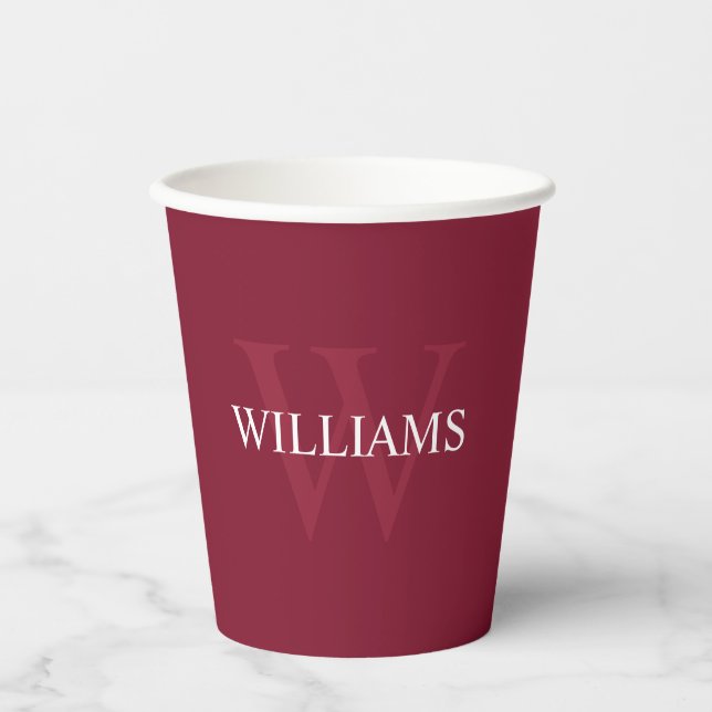 Burgundy Red Personalisiert Monogram und Name Pappbecher (Vorderseite)