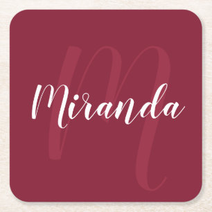 Burgundy Red Personalisiert Monogram und Name Rechteckiger Pappuntersetzer