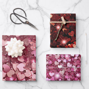 Burgundy Red Pink Glitzer Hearts Geschenkpapier Set