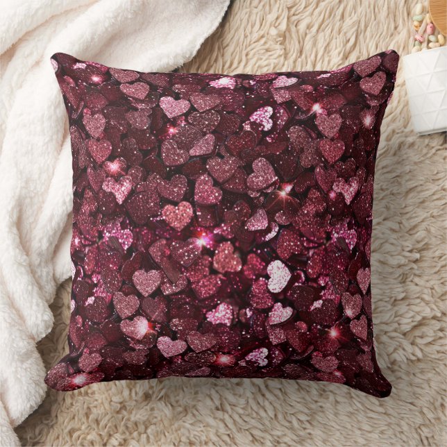 Burgundy Red Pink Glitzer Hearts Kissen (Decke)
