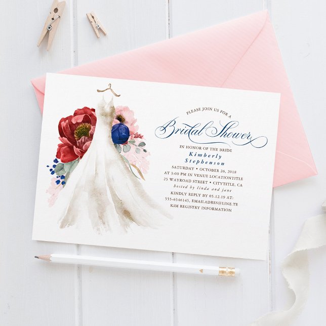 Burgundy Red Pink Navy Blue Floral Brautparty Einladung (Von Creator hochgeladen)