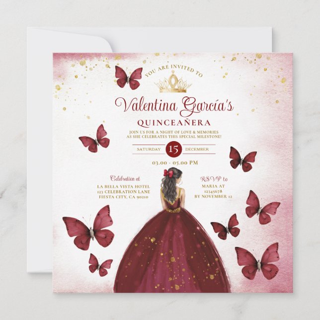 Burgundy Red Quinceañera 15 Anos Butterfly Gold Einladung (Vorderseite)