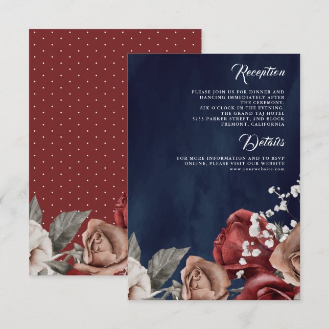 Burgundy Red Rose Floral Navy Blue Wedding Details Begleitkarte (Vorne/Hinten)