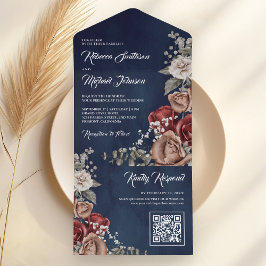Burgundy Red Rose Floral QR Code Navy Blue Wedding All In One Einladung