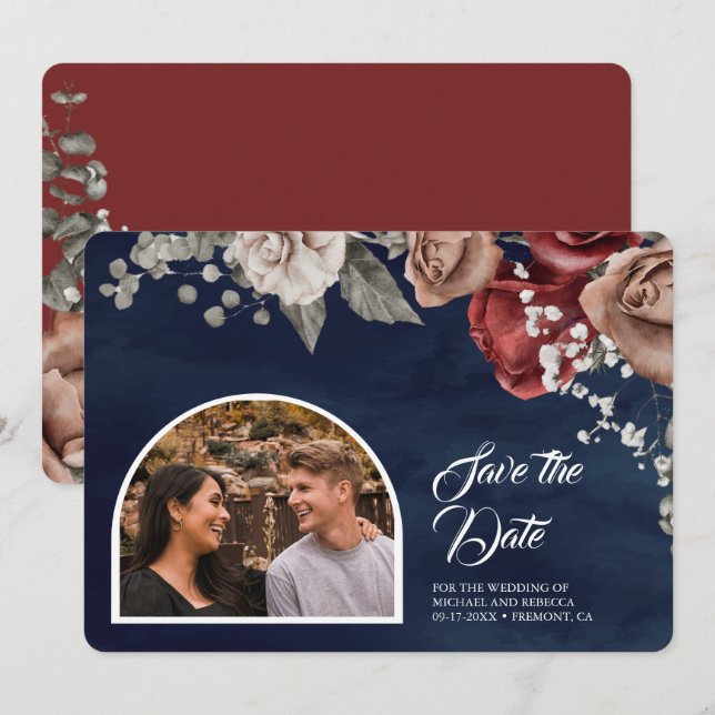 Burgundy Red Roses Floral Navy Blue Wedding Photo Save The Date (Vorne/Hinten)