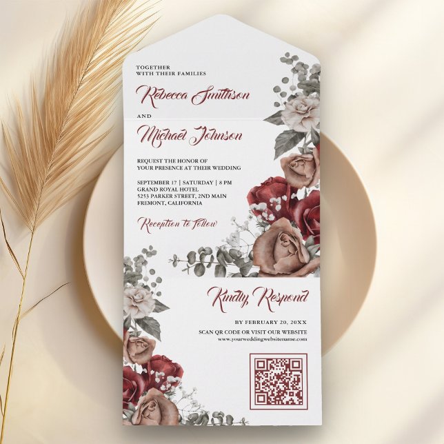 Burgundy Red Roses Floral QR Code Wedding All In One Einladung (Von Creator hochgeladen)