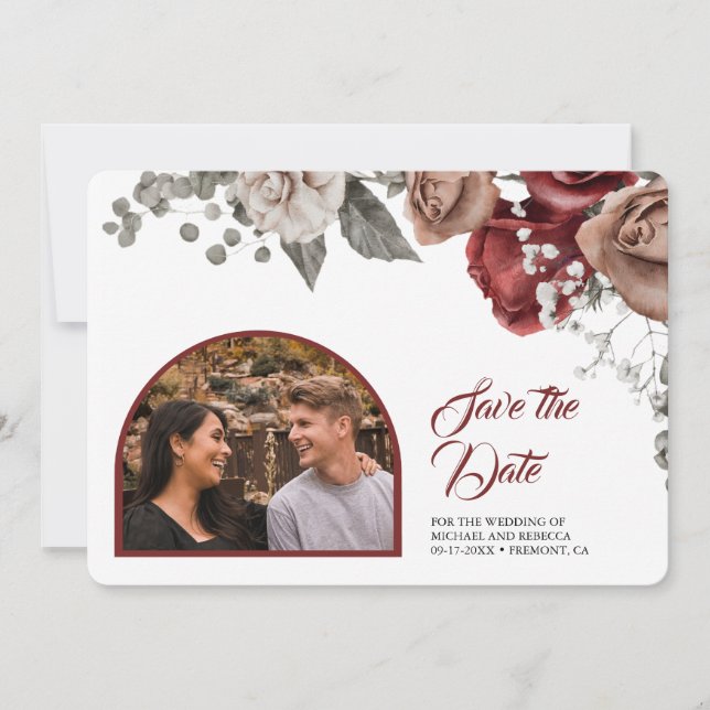 Burgundy Red Roses Floral Wedding Photo Save The Date (Vorderseite)