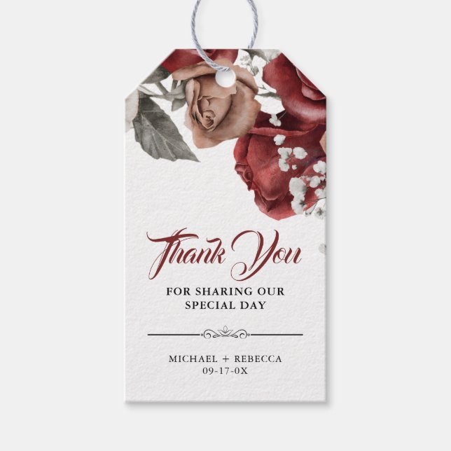 Burgundy Red Roses Floral Wedding Thank You Geschenkanhänger (Vorderseite)