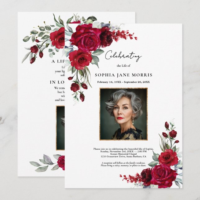 Burgundy Red Roses Funeral Invitation Einladung (Vorne/Hinten)