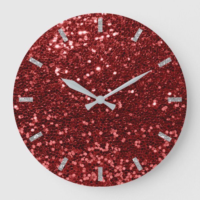Burgundy Red Ruby Sparkly Bean Glittergray Glam Große Wanduhr (Vorderseite)